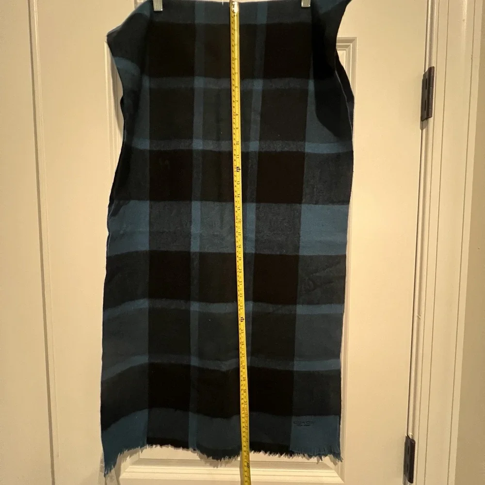 Coach Wool Cashmere Check Scarf Blue Black Plaid Oversized Wrap 72